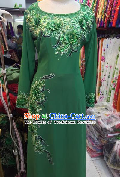 Traditional Top Grade Asian Vietnamese Costumes Classical Catwalks Embroidery Cheongsam, Vietnam National Green Ao Dai Dress for Women