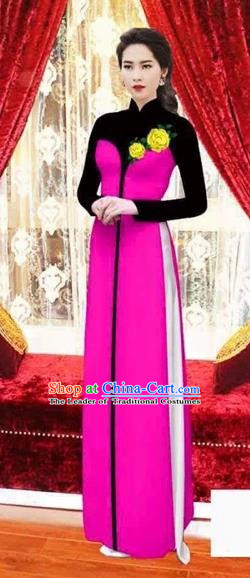 Traditional Top Grade Asian Vietnamese Costumes Classical Wedding Bride Toast Cheongsam, Vietnam National Princess Matching Rosy Printing Ao Dai Dress for Women