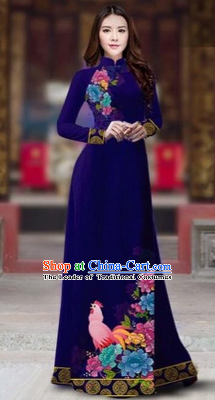 Traditional Top Grade Asian Vietnamese Costumes Classical Rooster Year Cheongsam, Vietnam National Ao Dai Dress Princess Royalblue Full Dress for Women