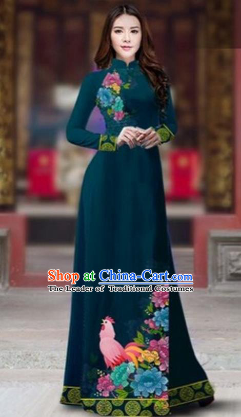 Traditional Top Grade Asian Vietnamese Costumes Classical Rooster Year Cheongsam, Vietnam National Ao Dai Dress Princess Atrovirens Full Dress for Women