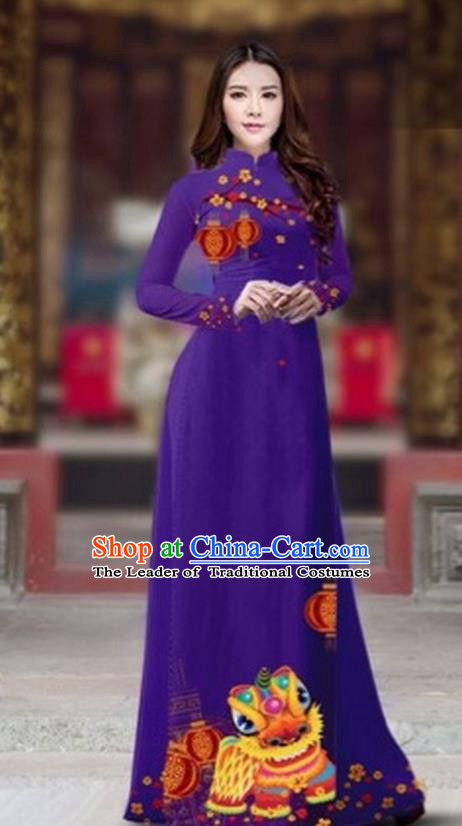 Traditional Top Grade Asian Vietnamese Costumes Classical Printing New Year Cheongsam, Vietnam National Ao Dai Dress Princess Deep Purple Full Dress for Women