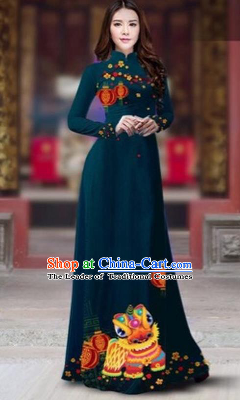 Traditional Top Grade Asian Vietnamese Costumes Classical Printing New Year Cheongsam, Vietnam National Ao Dai Dress Princess Peacock Blue Full Dress for Women