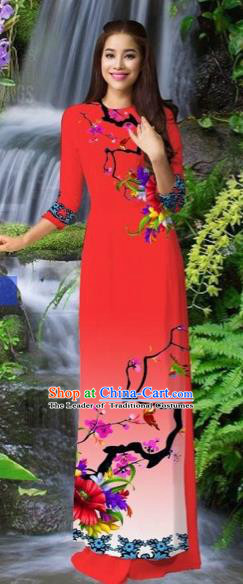 Traditional Top Grade Asian Vietnamese Costumes Classical Red Cheongsam, Vietnam National Printing Ao Dai Dress for Women