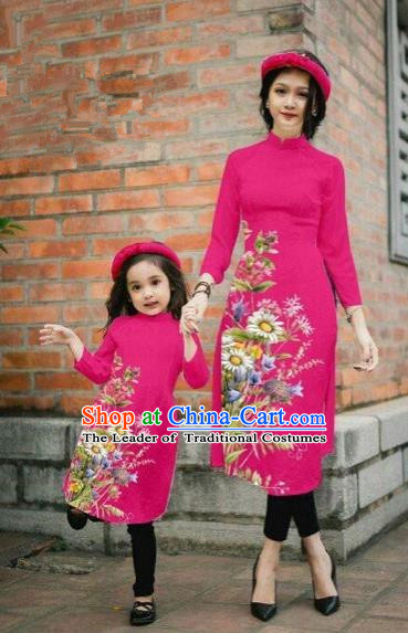 Traditional Top Grade Asian Vietnamese Costumes Classical Printing Daisy Flowers Rosy Cheongsam, Vietnam National Mother-daughter Ao Dai Dress for Women for Kids