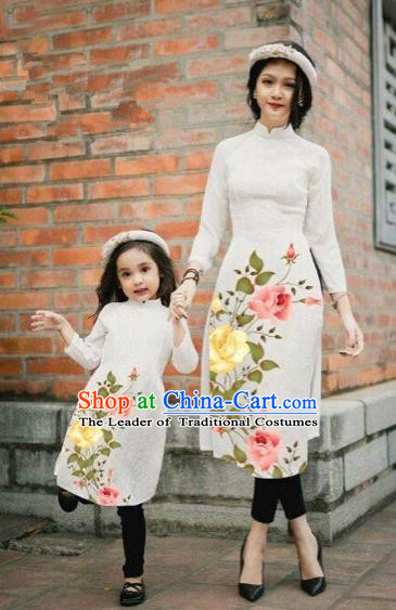 Traditional Top Grade Asian Vietnamese Costumes Classical Printing China Rose Flowers White Cheongsam, Vietnam National Mother-daughter Ao Dai Dress for Women for Kids