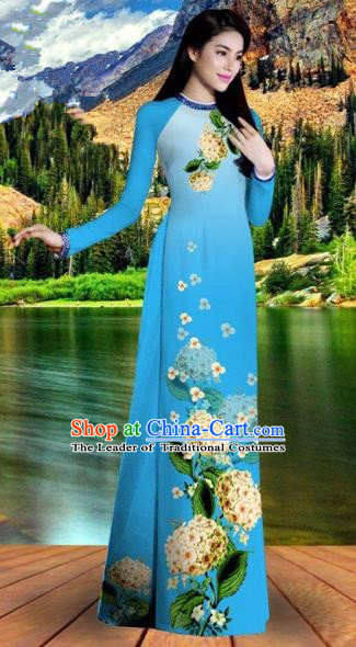 Traditional Top Grade Asian Vietnamese Costumes Classical Printing Blue Cheongsam, Vietnam National Vietnamese Bride Ao Dai Dress for Women