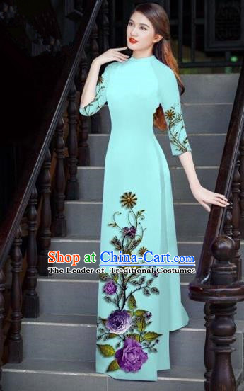 Traditional Top Grade Asian Vietnamese Costumes Classical Printing Blue Cheongsam, Vietnam National Vietnamese Bride Ao Dai Dress for Women