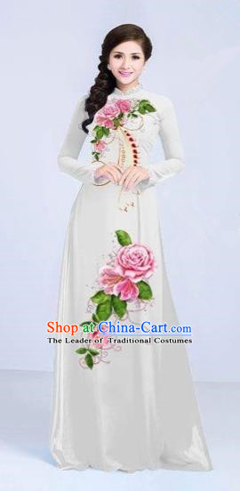 Traditional Top Grade Asian Vietnamese Costumes Classical Printing Flowers Cheongsam Dance Clothing, Vietnam National Vietnamese Bride White Ao Dai Dress for Women