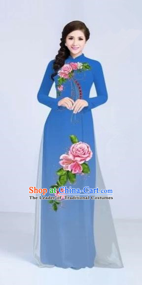 Traditional Top Grade Asian Vietnamese Costumes Classical Printing Flowers Cheongsam Dance Clothing, Vietnam National Vietnamese Bride Blue Ao Dai Dress for Women