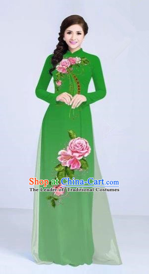 Traditional Top Grade Asian Vietnamese Costumes Classical Printing Flowers Cheongsam Dance Clothing, Vietnam National Vietnamese Bride Green Ao Dai Dress for Women