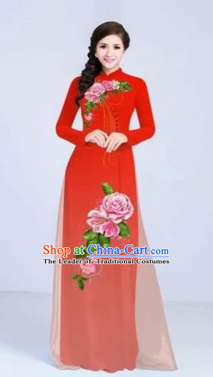 Traditional Top Grade Asian Vietnamese Costumes Classical Printing Flowers Cheongsam Dance Clothing, Vietnam National Vietnamese Bride Red Ao Dai Dress for Women