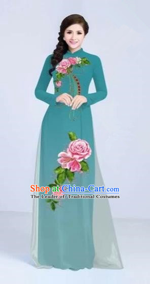 Traditional Top Grade Asian Vietnamese Costumes Classical Printing Flowers Cheongsam Dance Clothing, Vietnam National Vietnamese Bride Lake Blue Ao Dai Dress for Women