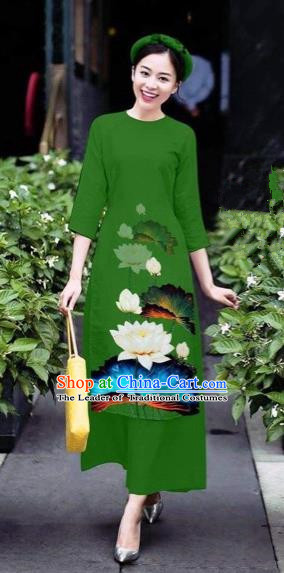 Traditional Top Grade Asian Vietnamese Costumes Classical 3D Printing Flowers Cheongsam Dance Clothing, Vietnam National Vietnamese Green Ao Dai Dress for Women