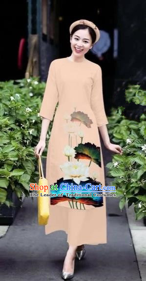 Traditional Top Grade Asian Vietnamese Costumes Classical 3D Printing Flowers Cheongsam Dance Clothing, Vietnam National Vietnamese Khaki Ao Dai Dress for Women