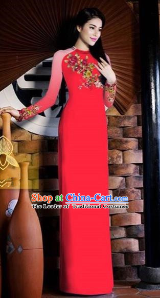 Traditional Top Grade Asian Vietnamese Costumes Classical Printing Toast Wedding Cheongsam, Vietnam National Vietnamese Bride Red Ao Dai Dress for Women