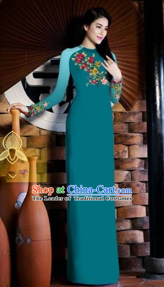 Traditional Top Grade Asian Vietnamese Costumes Classical Printing Toast Wedding Cheongsam, Vietnam National Vietnamese Bride Peacock Blue Ao Dai Dress for Women