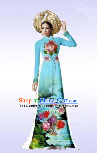 Traditional Top Grade Asian Vietnamese Costumes Classical Landscape Painting Cheongsam, Vietnam National Vietnamese Bride Ao Dai Dress for Women