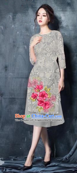 Traditional Top Grade Asian Vietnamese Costumes Classical Painting Short Grey Cheongsam, Vietnam National Vietnamese Young Lady Ao Dai Dress