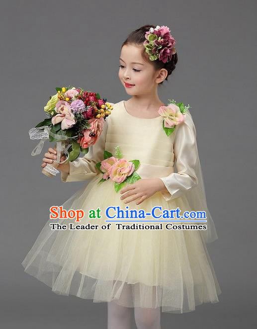 Top Grade Professional Performance Catwalks Costume, Children Chorus Compere Full Dress Modern Dance Little Princess Beige Veil Bubble Dress for Girls Kids