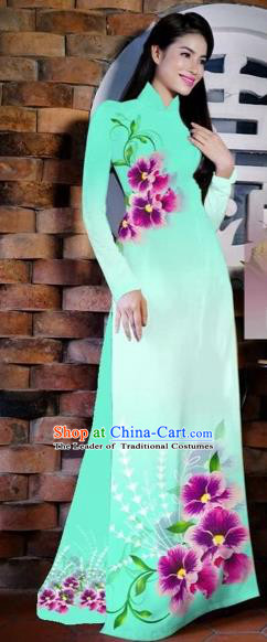 Traditional Top Grade Asian Vietnamese Costumes Classical Painting Flowers Fluorescent Green Cheongsam, Vietnam National Vietnamese Young Lady Bride Wedding Ao Dai Dress