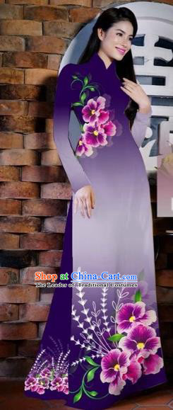 Traditional Top Grade Asian Vietnamese Costumes Classical Painting Flowers Purple Cheongsam, Vietnam National Vietnamese Young Lady Bride Wedding Ao Dai Dress