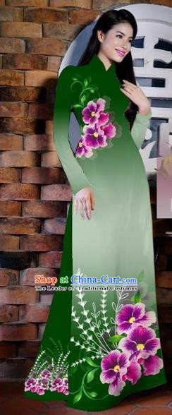 Traditional Top Grade Asian Vietnamese Costumes Classical Painting Flowers Deep Green Cheongsam, Vietnam National Vietnamese Young Lady Bride Wedding Ao Dai Dress