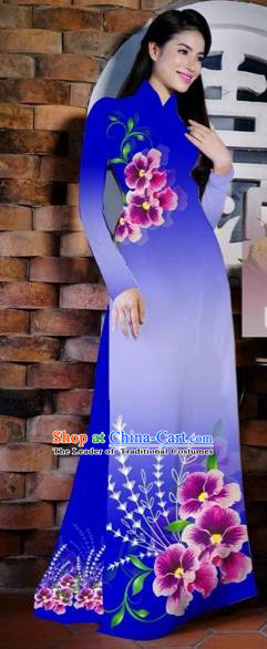 Traditional Top Grade Asian Vietnamese Costumes Classical Painting Flowers Royalblue Cheongsam, Vietnam National Vietnamese Young Lady Bride Wedding Ao Dai Dress