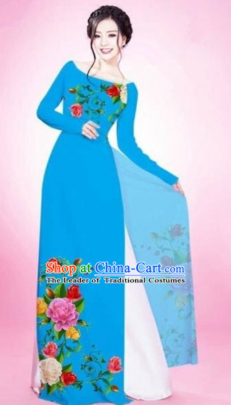 Traditional Top Grade Asian Vietnamese Costumes Classical Painting Flowers Blue Cheongsam, Vietnam National Vietnamese Young Lady Bride Wedding Round Collar Ao Dai Dress