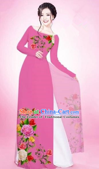 Traditional Top Grade Asian Vietnamese Costumes Classical Painting Flowers Pink Cheongsam, Vietnam National Vietnamese Young Lady Bride Wedding Round Collar Ao Dai Dress