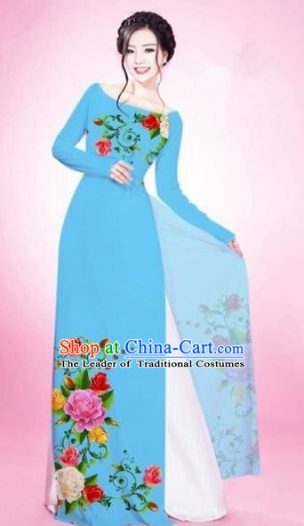 Traditional Top Grade Asian Vietnamese Costumes Classical Painting Flowers Light Blue Cheongsam, Vietnam National Vietnamese Young Lady Bride Wedding Round Collar Ao Dai Dress