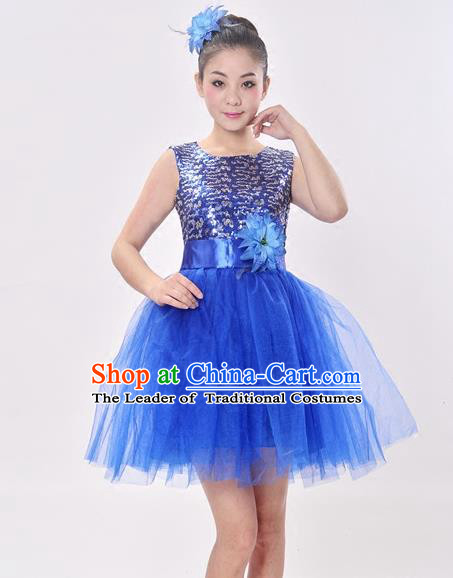 Top Grade Professional Performance Catwalks Costume, China Chorus Compere Modern Dance Dress Paillette Royalblue Veil Bubble Dress for Women