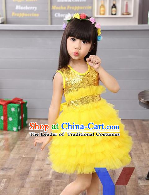 Top Grade Professional Performance Catwalks Costume, Children Chorus Full Dress Modern Dance Little Princess Yellow Paillette Bubble Dress for Girls Kids