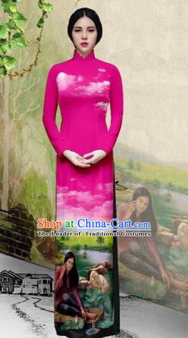 Traditional Top Grade Asian Vietnamese Costumes Classical Painting Wedding Cheongsam, Vietnam National Vietnamese Young Lady Bride Stand Collar Pink Ao Dai Dress