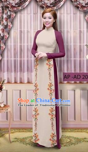 Traditional Top Grade Asian Vietnamese Costumes Classical Printing Cheongsam, Vietnam National Vietnamese Young Lady Amaranth Ao Dai Dress