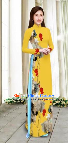 Traditional Top Grade Asian Vietnamese Costumes Classical Printing Cheongsam, Vietnam National Vietnamese Young Lady Ginger Chiffon Ao Dai Dress