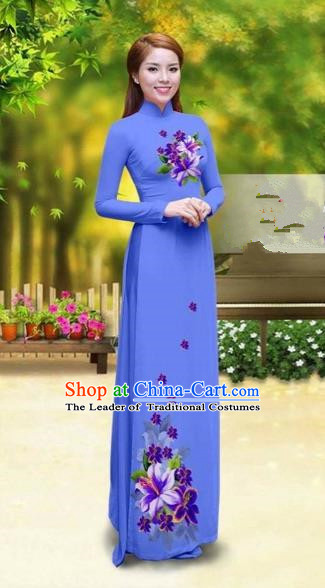 Traditional Top Grade Asian Vietnamese Costumes Classical Printing Greenish Lily Flower Cheongsam, Vietnam National Vietnamese Young Lady Blue Chiffon Ao Dai Dress