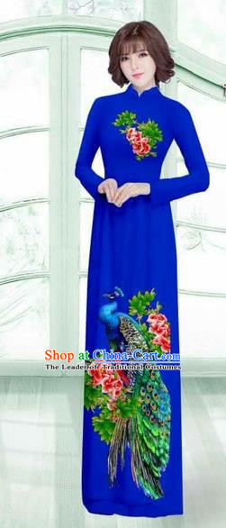 Traditional Top Grade Asian Vietnamese Costumes Classical Printing Peacock Cheongsam, Vietnam National Vietnamese Young Lady Royalblue Ao Dai Dress