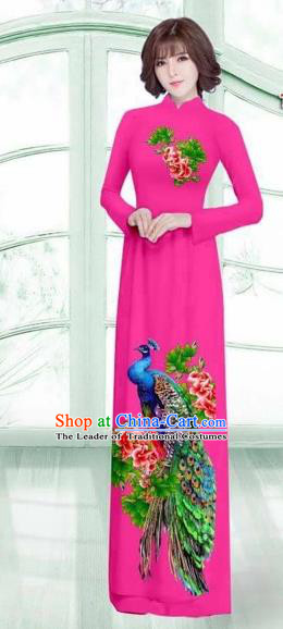 Traditional Top Grade Asian Vietnamese Costumes Classical Printing Peacock Cheongsam, Vietnam National Vietnamese Young Lady Rosy Ao Dai Dress