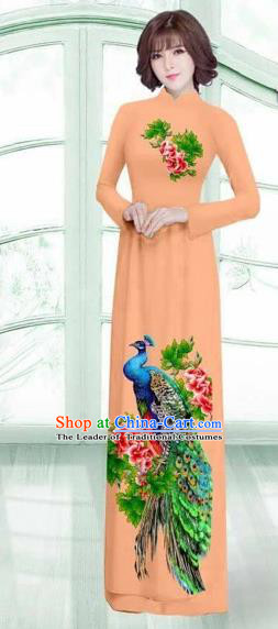 Traditional Top Grade Asian Vietnamese Costumes Classical Printing Peacock Cheongsam, Vietnam National Vietnamese Young Lady Orange Ao Dai Dress