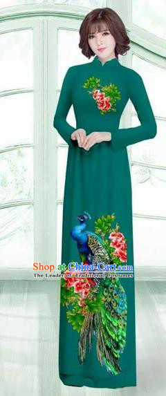 Traditional Top Grade Asian Vietnamese Costumes Classical Printing Peacock Cheongsam, Vietnam National Vietnamese Young Lady Green Ao Dai Dress