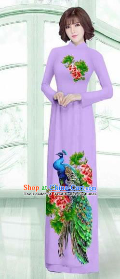 Traditional Top Grade Asian Vietnamese Costumes Classical Printing Peacock Cheongsam, Vietnam National Vietnamese Young Lady Lilac Ao Dai Dress