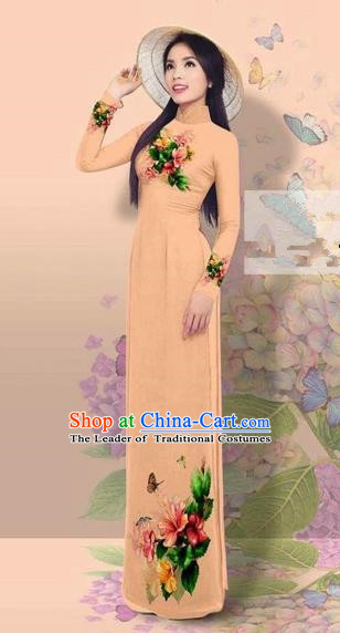 Traditional Top Grade Asian Vietnamese Costumes Classical 3D Printing Cheongsam, Vietnam National Vietnamese Young Lady Miss Etiquette Khaki Ao Dai Dress