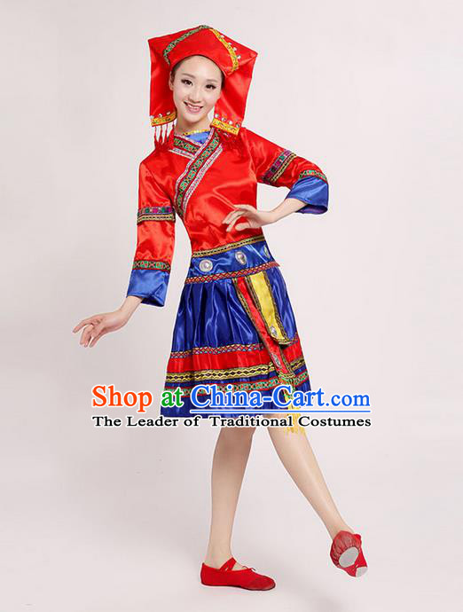 Traditional Chinese Zhuang Nationality Dancing Costume, Zhuang Zu Female Folk Dance Ethnic Pleated Skirt, Chinese Minority Nationality Embroidery Red Dress for Women