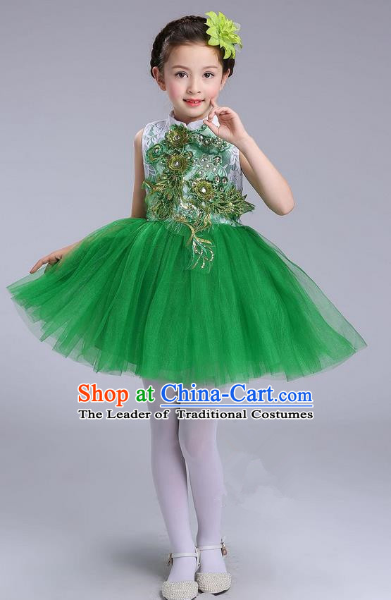 Top Grade Professional Compere Modern Dance Costume, Children Opening Dance Chorus Uniforms Green Bubble Dress for Girls