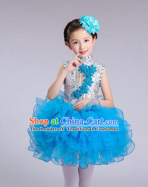 Top Grade Professional Compere Modern Dance Costume, Children Opening Dance Chorus Flowers Uniforms Princess Light Blue Bubble Dress for Girls