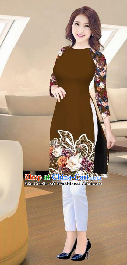 Traditional Top Grade Asian Vietnamese Costumes Classical Printing Brown Short Cheongsam, Vietnam National Vietnamese Ao Dai Dress for Women