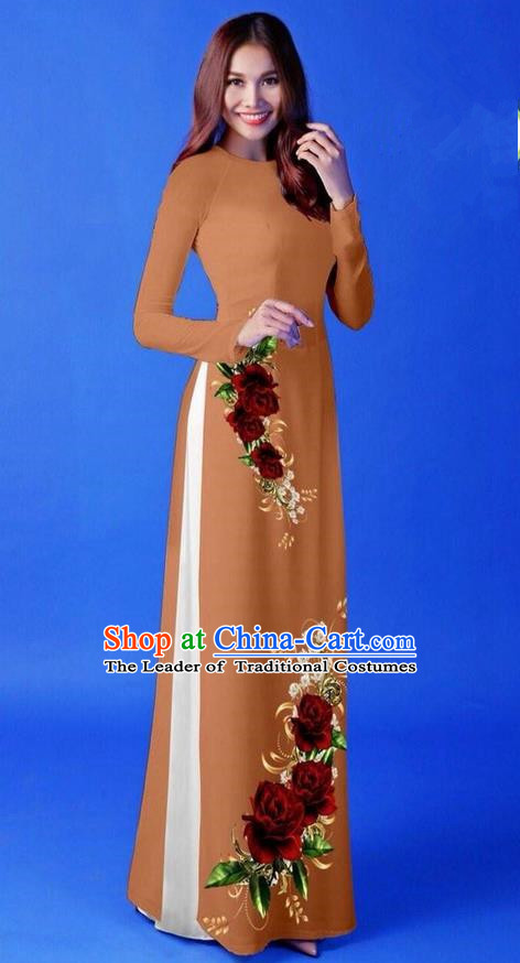 Traditional Top Grade Asian Vietnamese Costumes Classical 3D Printing Coffee Long Cheongsam, Vietnam National Vietnamese Princess Ao Dai Dress for Women