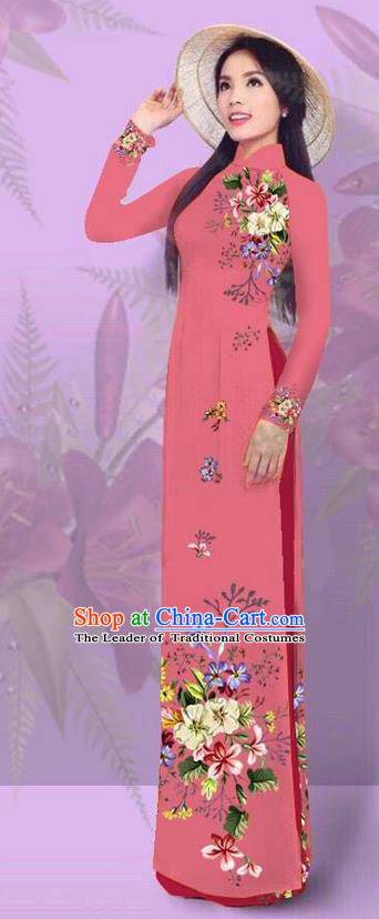 Top Grade Asian Vietnamese Costumes Classical Jing Nationality Printing Watermelon Red Cheongsam, Vietnam National Vietnamese Traditional Princess Ao Dai Dress for Women