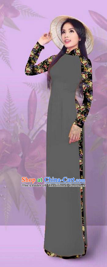 Top Grade Asian Vietnamese Costumes Classical Jing Nationality Printing Grey Cheongsam, Vietnam National Vietnamese Traditional Princess Ao Dai Dress for Women