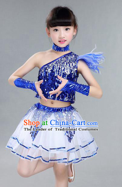 Top Grade Professional Compere Modern Dance Costume, Children Jazz Dance Latin Dance Uniforms Blue Clothing Complete Set for Girls